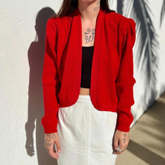 VTG 80s Cherry Red Cardigan Cropped Puff Sleeve Sweater Open Front Boxy Knit - Picture 4 of 6